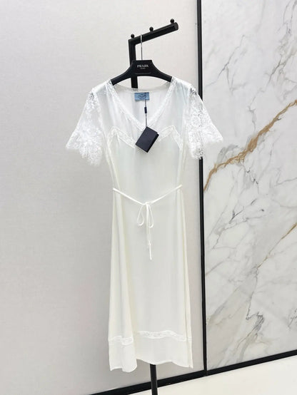 Lace-Trimmed Satin-Finish Short Sleeve Dress