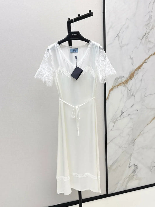 Lace-Trimmed Satin-Finish Short Sleeve Dress