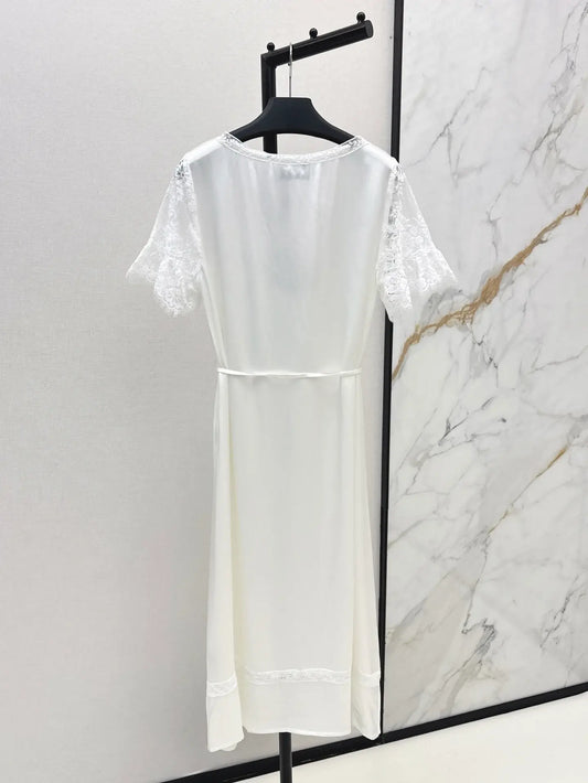 Lace-Trimmed Satin-Finish Short Sleeve Dress