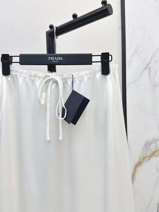 Lace-Trimmed Elastic Drawstring Skirt