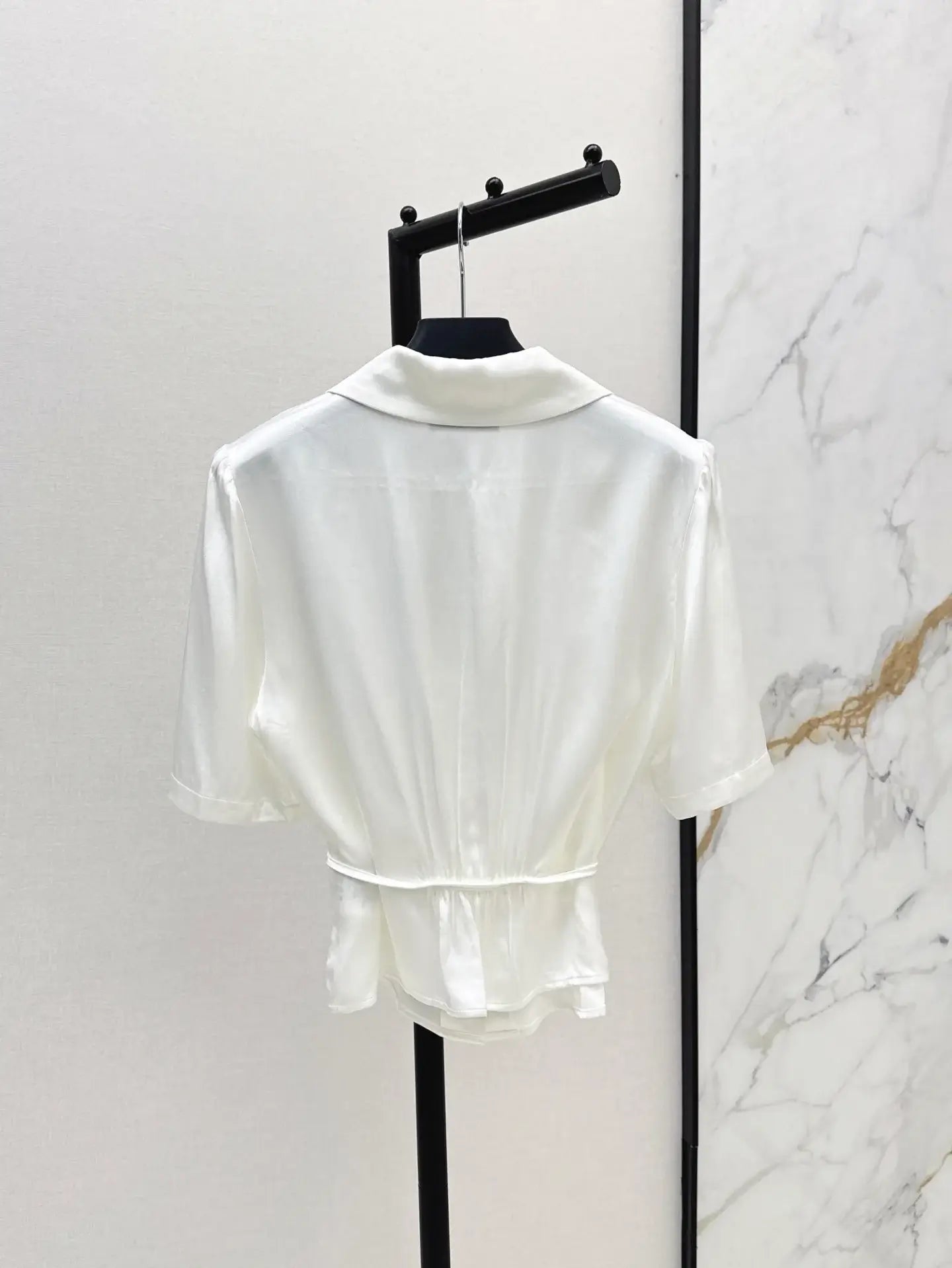 Pleated Waist-Tie Short Sleeve Shirt