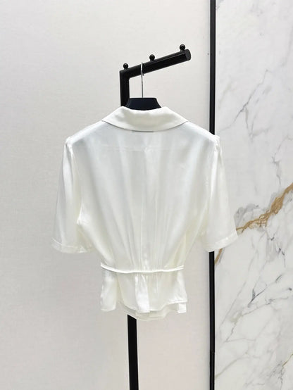 Pleated Waist-Tie Short Sleeve Shirt