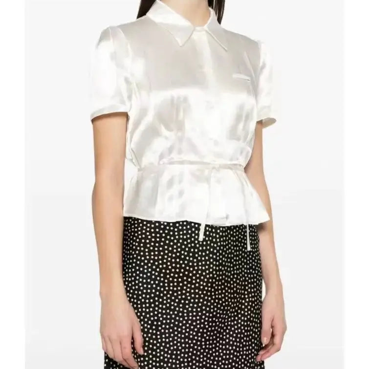 Pleated Waist-Tie Short Sleeve Shirt
