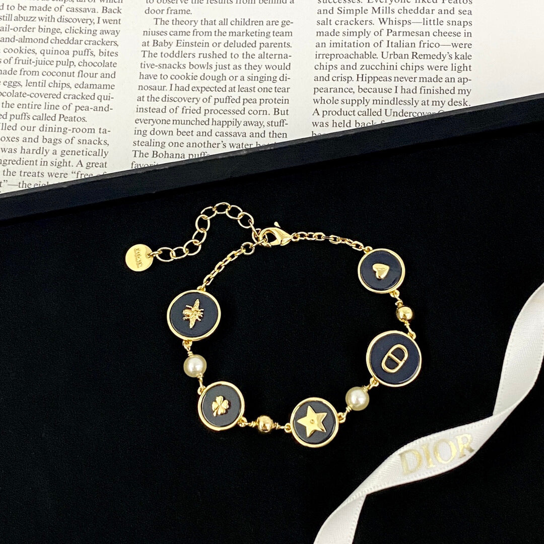 Navy Medallion & Pearl Multi-Charm Bracelet