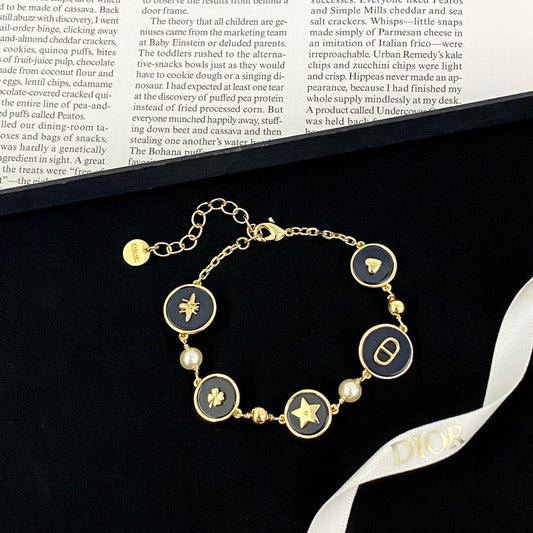 Navy Medallion & Pearl Multi-Charm Bracelet