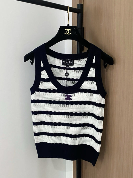 Black and White Striped Openwork Knit Vest