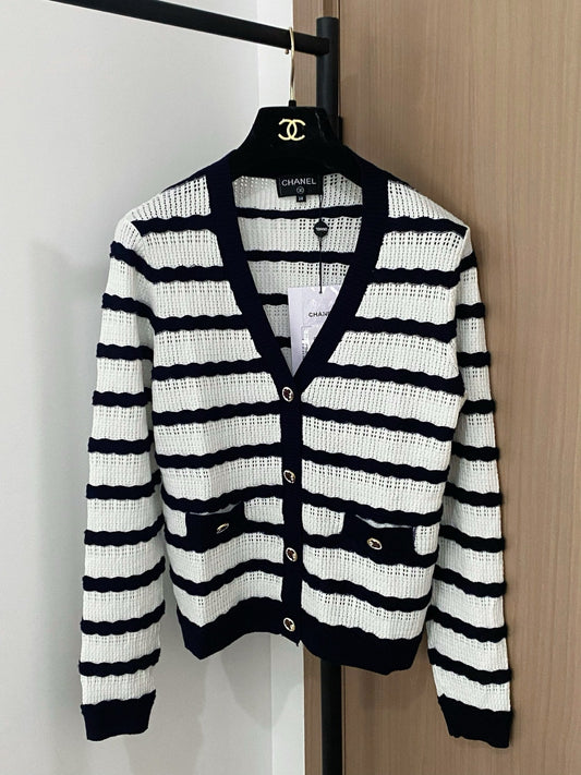 Black and White Striped Openwork Cardigan