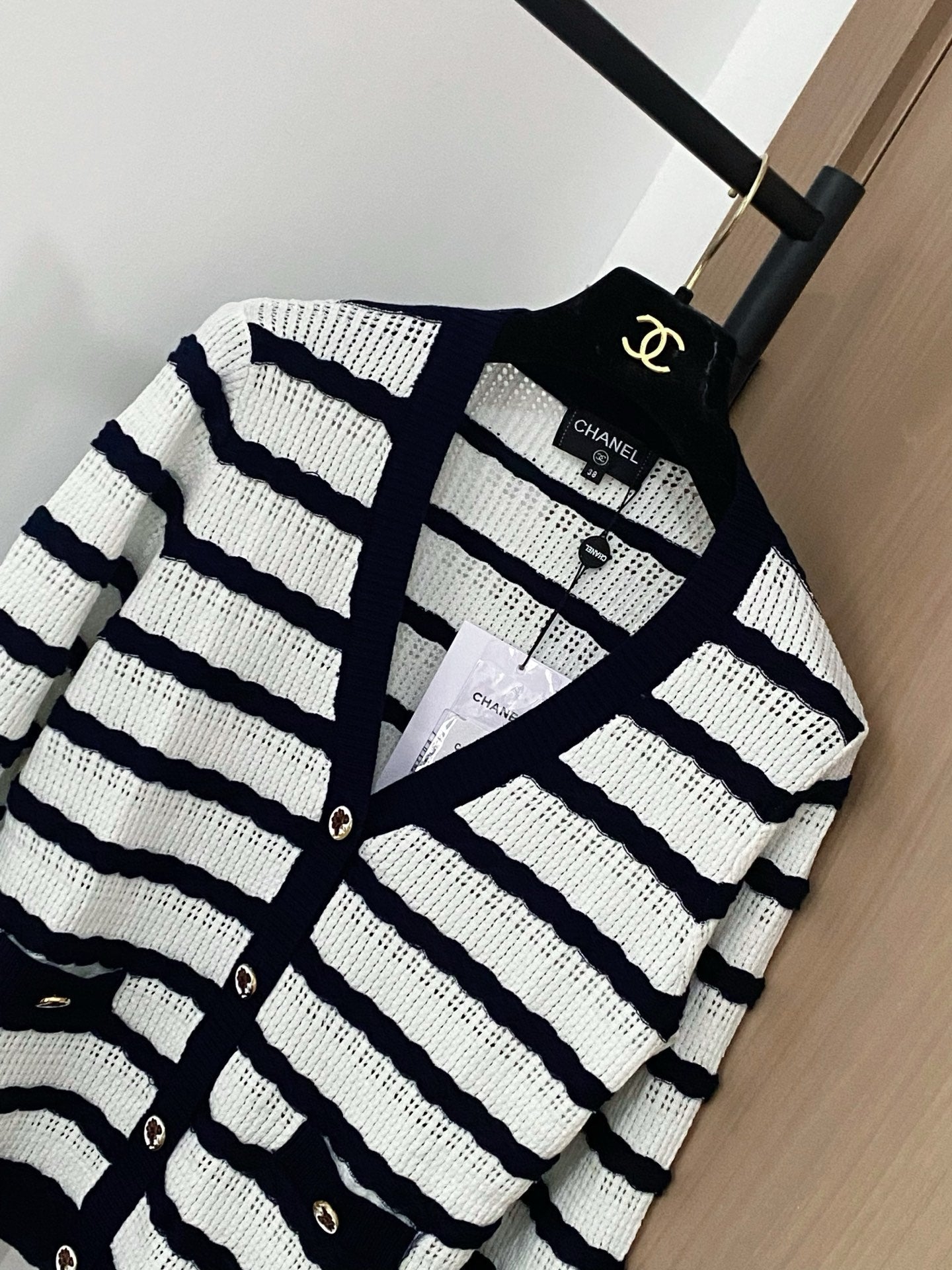 Black and White Striped Openwork Cardigan