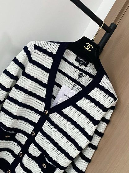 Black and White Striped Openwork Cardigan