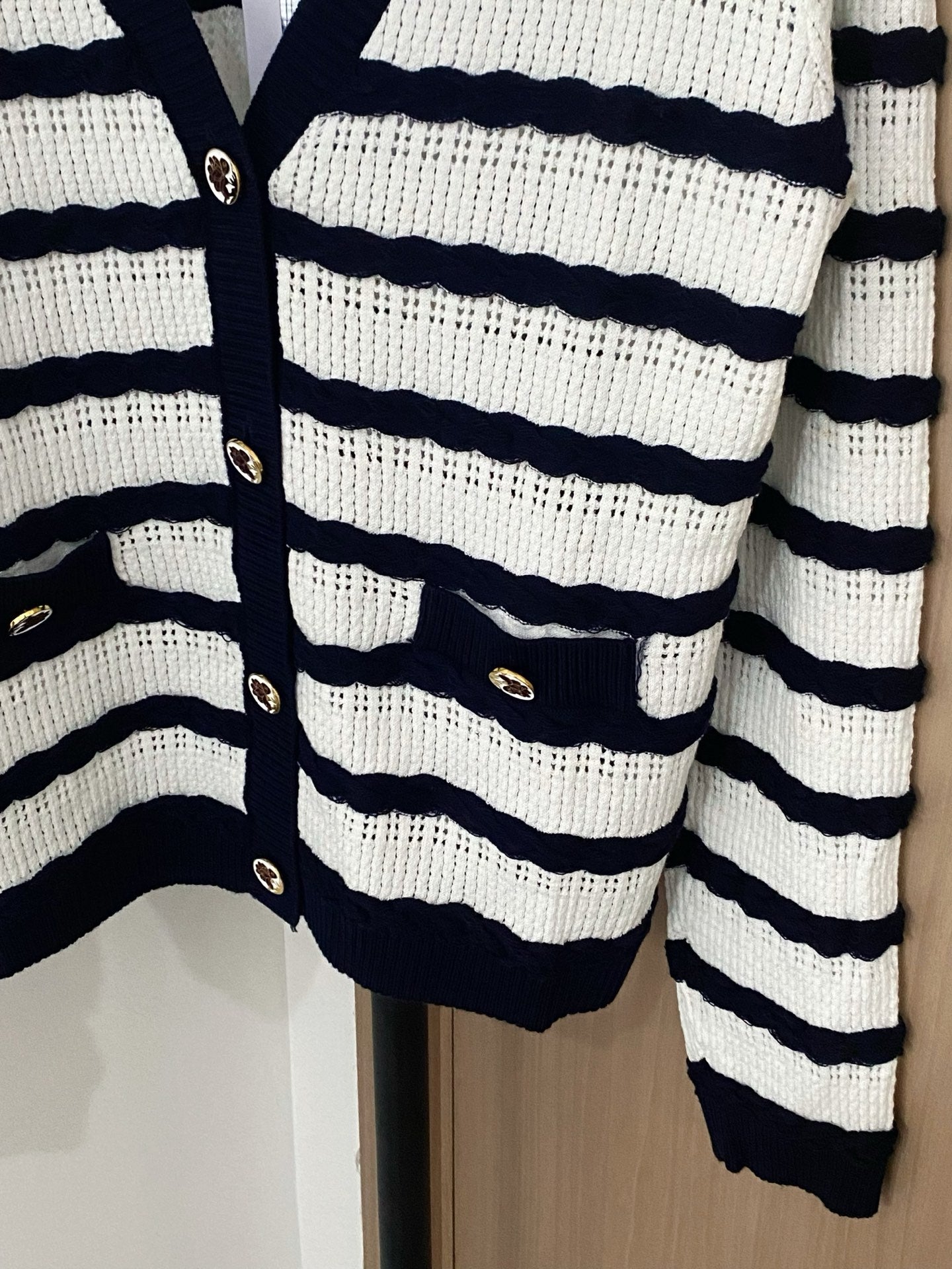 Black and White Striped Openwork Cardigan