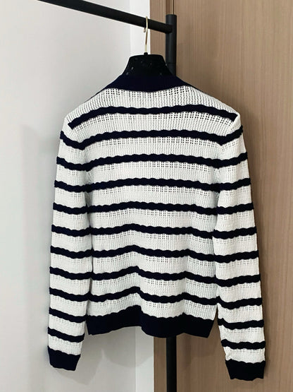 Black and White Striped Openwork Cardigan