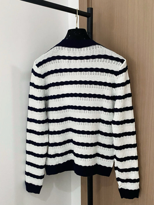 Black and White Striped Openwork Cardigan