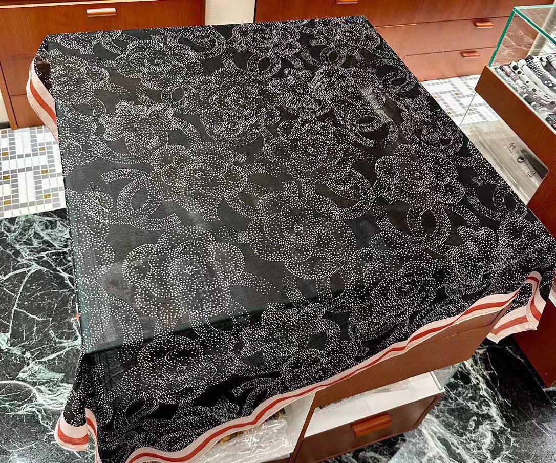 Black Floral Pattern Square Silky Scarf