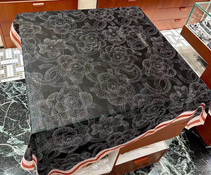 Black Floral Pattern Square Silky Scarf