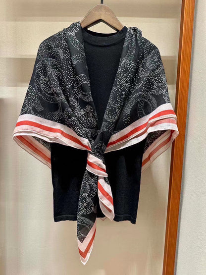 Black Floral Pattern Square Silky Scarf