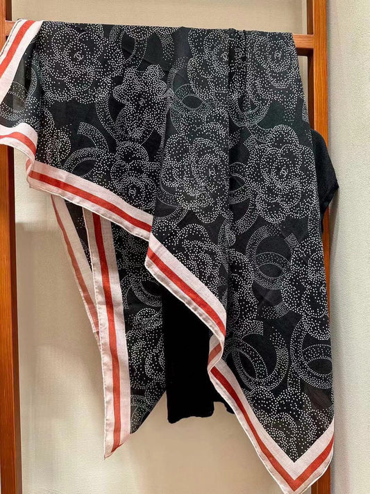 Black Floral Pattern Square Silky Scarf