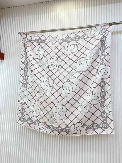 Plaid with Floral Trim Silk Scarf