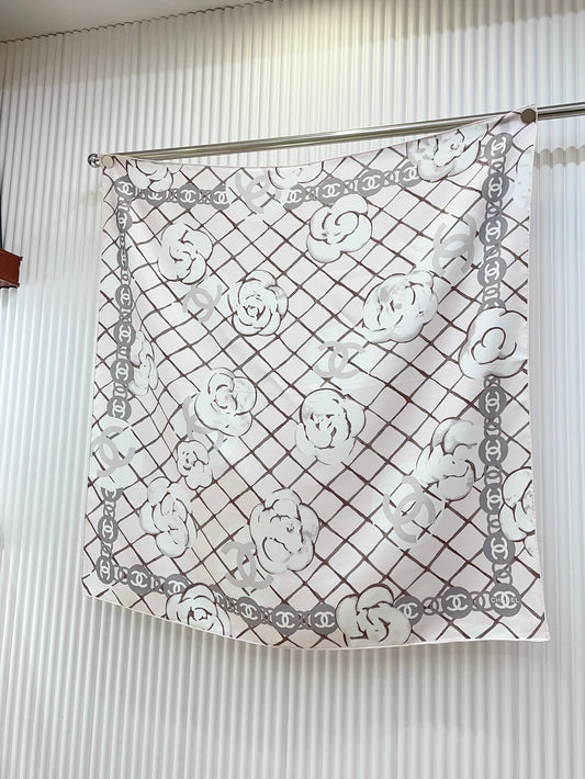 Plaid with Floral Trim Silk Scarf