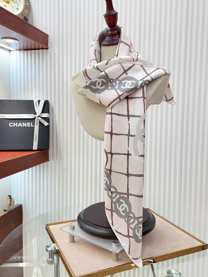 Plaid with Floral Trim Silk Scarf